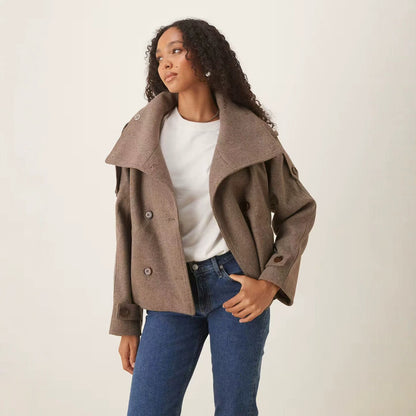 Women's Short Double-Breasted Wool Peacoat with Stand-Up Collar Shop Velvia