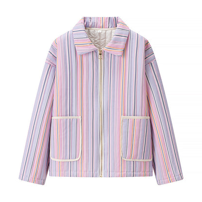 Women's Striped Transition Jacket with Zipper, Stand-up Collar and Patch Pockets Shop Velvia