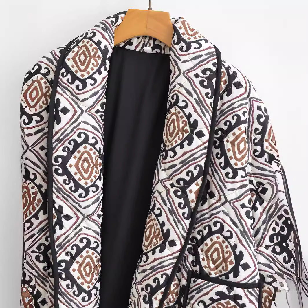 Women's quilted kimono jacket with graphic ethnic print and waist belt Shop Velvia