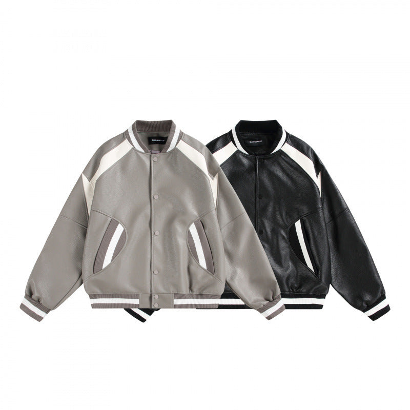 Unisex Boxy Oversized Faux Leather Bomber Jacket with Contrast Panels and Ribbed Cuffs Shop Velvia