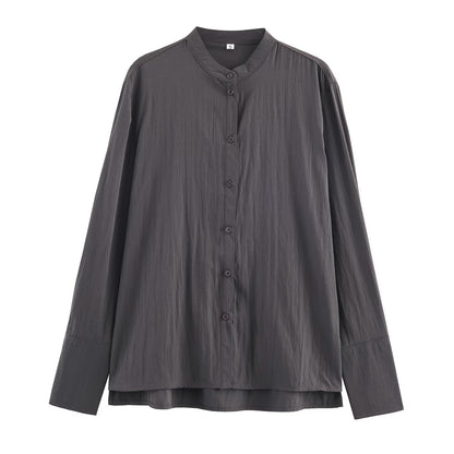 Women's Oversized Shirt Blouse with Mandarin Collar and Full Button Placket Shop Velvia