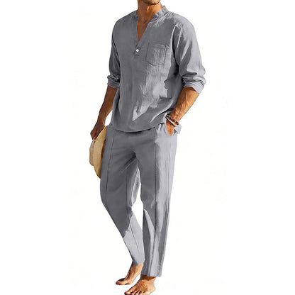 Men's comfortable linen two-piece with stand-up collar shirt and tapered ankle-length pants Shop Velvia
