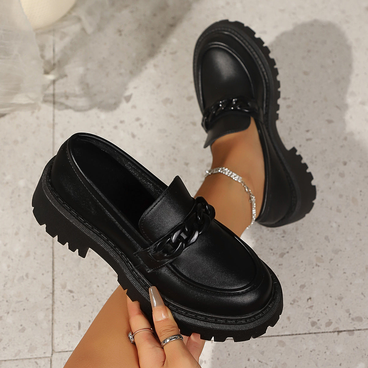 Women Chunky Patent Loafers with Thick Profile Sole and Chain Decoration Shop Velvia