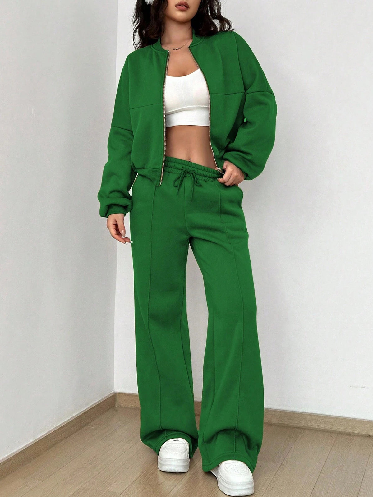 Women's short zip-up hoodie with high-waist wide jogger set Shop Velvia