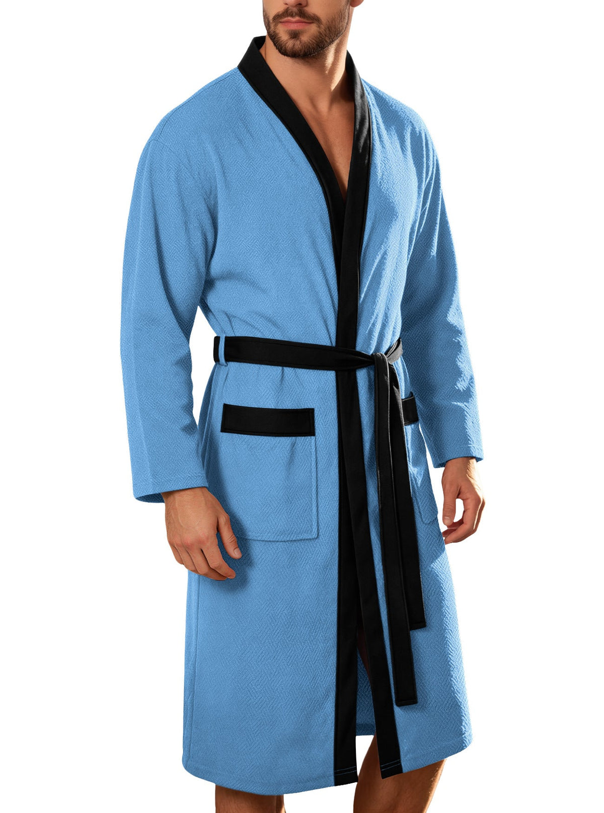 Men's lightweight cotton kimono bathrobe with waffle texture and patch pockets Shop Velvia