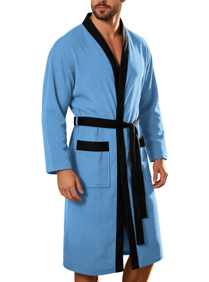 Men's lightweight cotton kimono bathrobe with waffle texture and patch pockets Shop Velvia