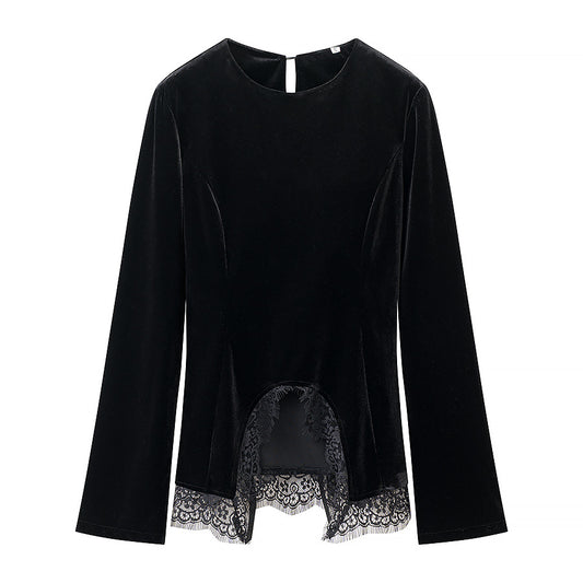 Women’s velvet blouse with lace trim and curved slit neckline Shop Velvia