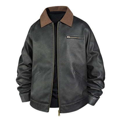 Men's Vintage Leather Bomber Jacket with Ribbed Collar Shop Velvia