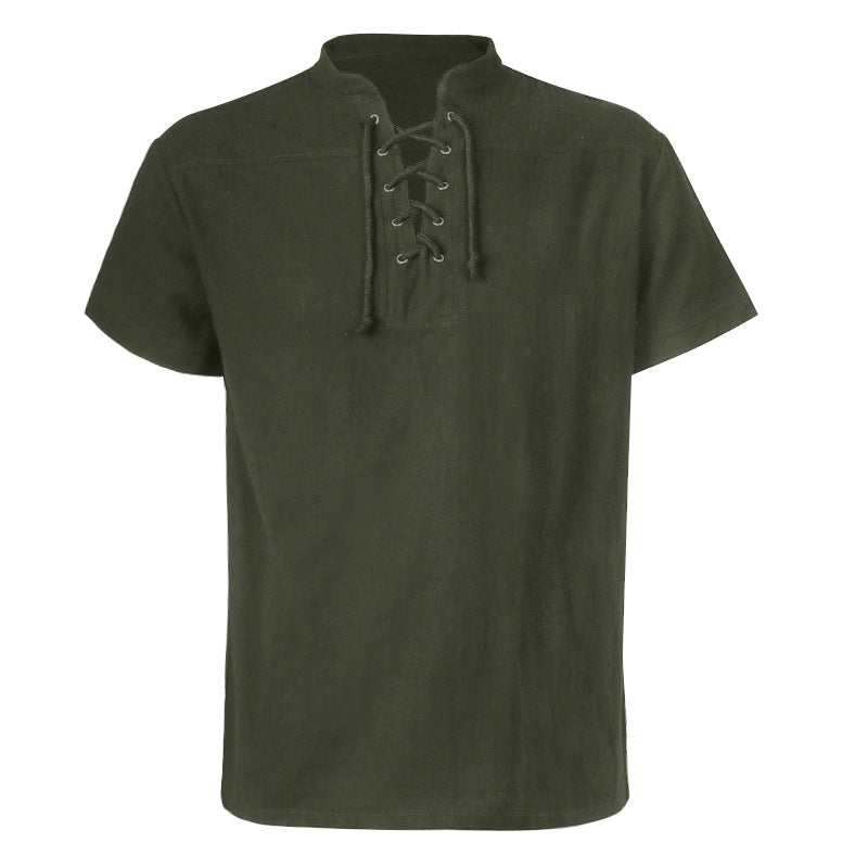 Men's casual short-sleeve shirt with laced V-neck, short stand-up collar, and soft cotton blend Shop Velvia