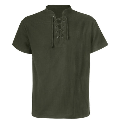 Men's casual short-sleeve shirt with laced V-neck, short stand-up collar, and soft cotton blend Shop Velvia