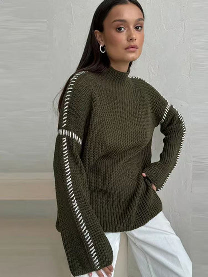Women's Oversize Knit Sweater with Stand-up Collar and Decorative Stitch Sleeves Shop Velvia