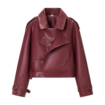 Ladies short cut biker jacket made of faux leather with asymmetrical front and waist belt Shop Velvia