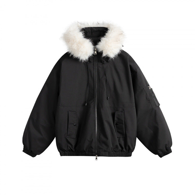 Women's Padded Bomber Jacket with Faux Fur Hood, Boxy Cut and Utility Pockets Shop Velvia