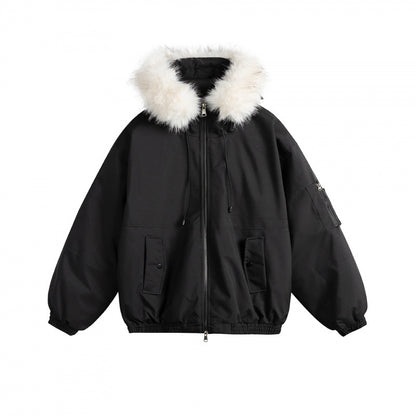 Women's Padded Bomber Jacket with Faux Fur Hood, Boxy Cut and Utility Pockets Shop Velvia