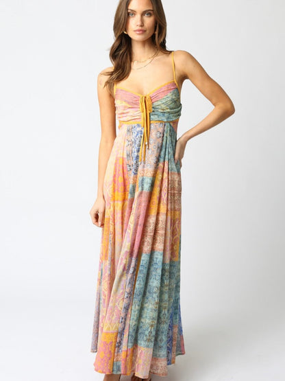 Women’s floor-length maxi dress with shirred bustier, drawstring and patchwork print