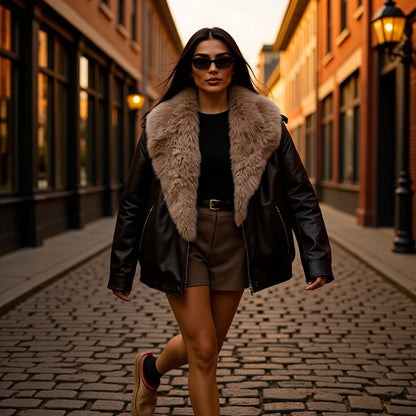 Women Quilted Leather Look Blouson with Voluminous Fur Collar Shop Velvia