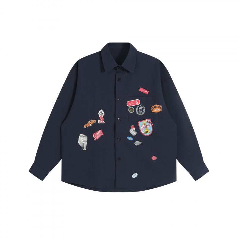 Unisex Oversize shirt with sewn-on retro patch applications and boxy silhouette Shop Velvia