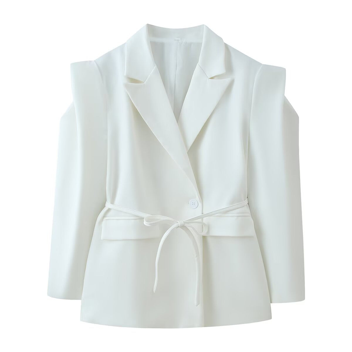 Women's blazer with shoulder cutouts, belted waist and single button closure Shop Velvia