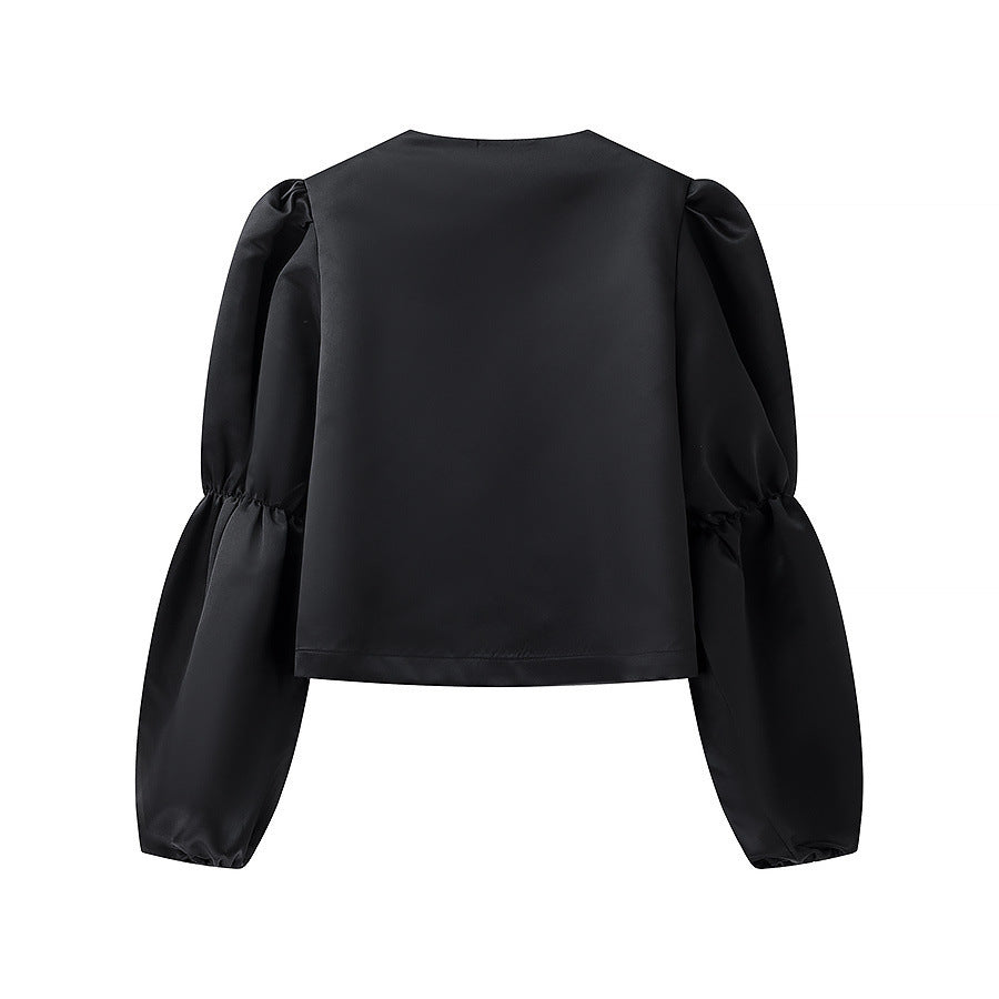 Ladies Glossy Satin Blouse with Voluminous Puff Sleeves Shop Velvia