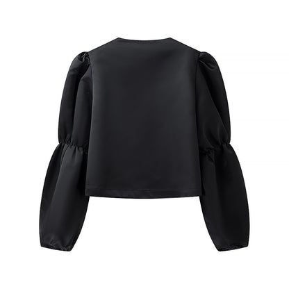 Ladies Glossy Satin Blouse with Voluminous Puff Sleeves Shop Velvia