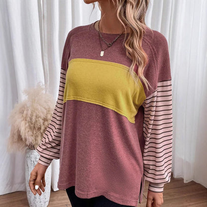 Women's Loose Colorblock Sweatshirt with Striped Sleeves and Round Neck Shop Velvia
