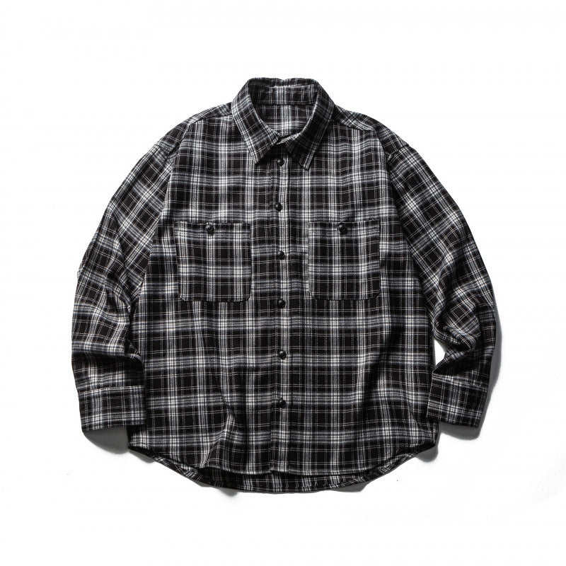 Men's Boxy Flannel Overshirt with Check Pattern, Full Button Placket and Curved Hem Shop Velvia