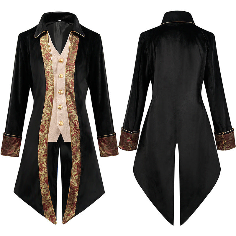 Men's nan baroque velvet tailcoat with gold-embroidered back appliqué and decorative brocade trim Shop Velvia