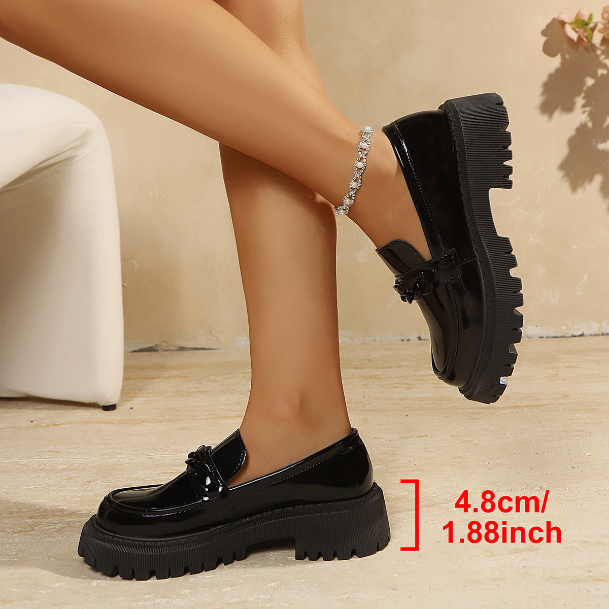 Women Chunky Patent Loafers with Thick Profile Sole and Chain Decoration Shop Velvia