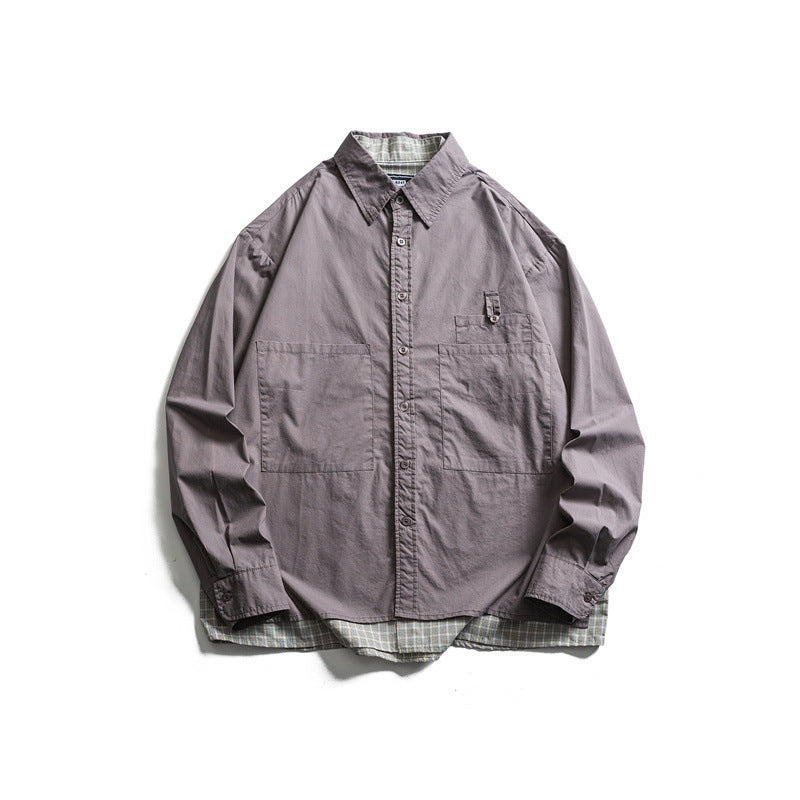 Men's layered look overshirt with patch front pockets, loose fit and checked underlay Shop Velvia