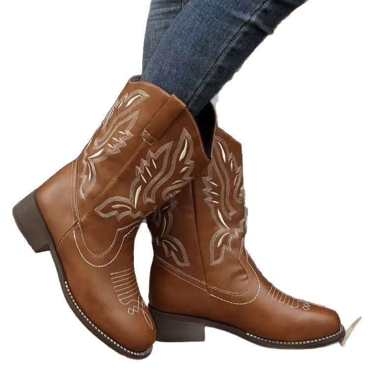 Ladies' Western cowboy boots with pointed toe, embroidered shaft, and medium block heel Shop Velvia