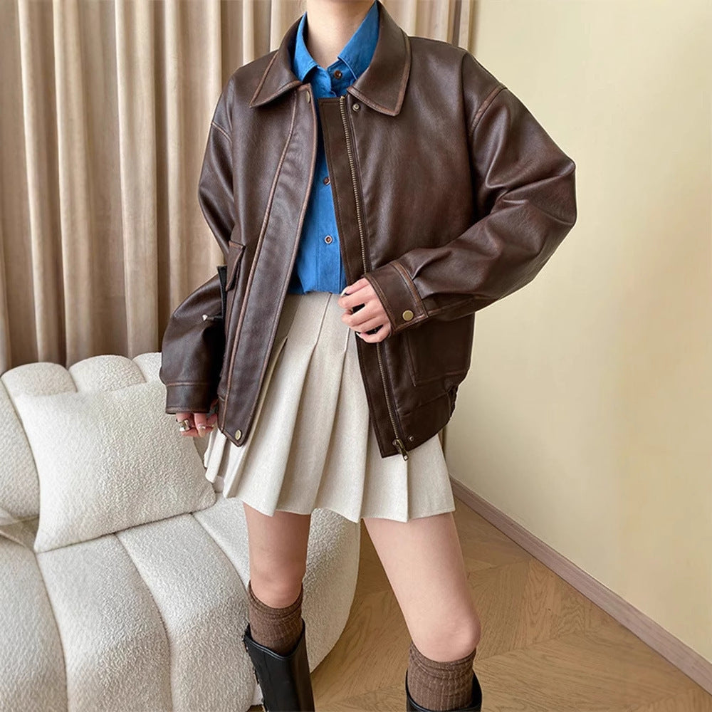 Women's Oversized Faux Leather Bomber Jacket with Shirt Collar, Zipper and Snap Button Cuffs Shop Velvia