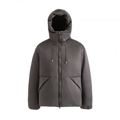 Unisex Padded Hooded Jacket in Boxy Cut with High Shawl Collar and Kangaroo Pockets Shop Velvia