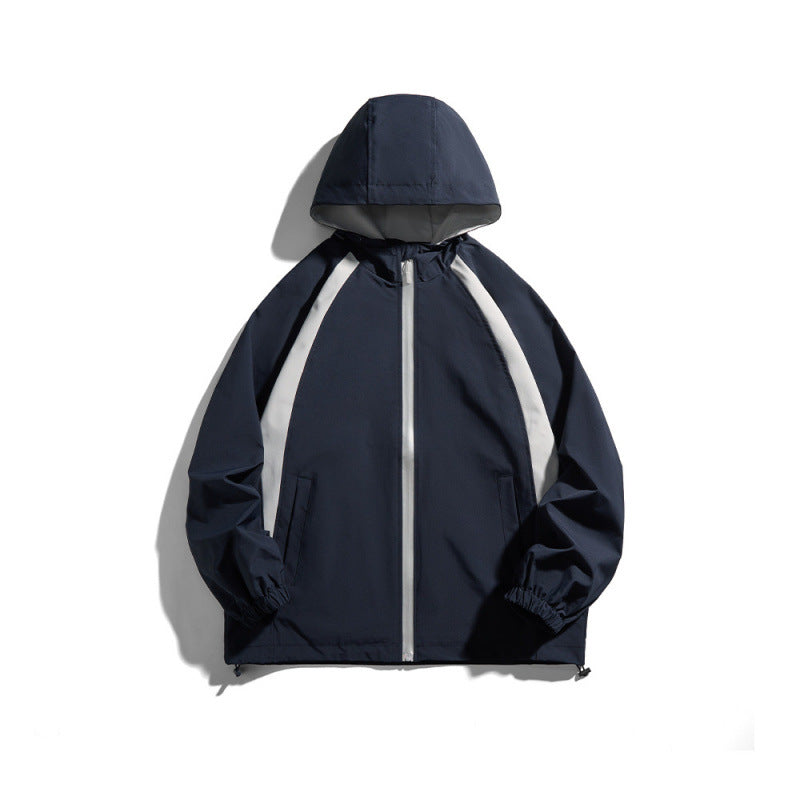 [Unisex Lightweight windproof hooded jacket in sporty utility style with contrast piping and drawstring hem Shop Velvia]