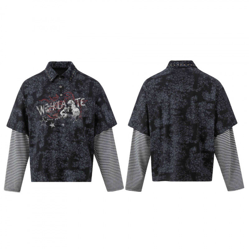 Unisex Layered Look Polo Shirt with Studded Collar, Graphic Print and Striped Sleeves Shop Velvia