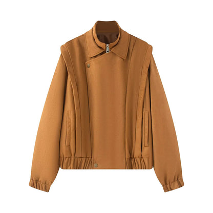 Women's short wool bomber jacket with asymmetrical zipper, stand-up collar, and elastic hem Shop Velvia