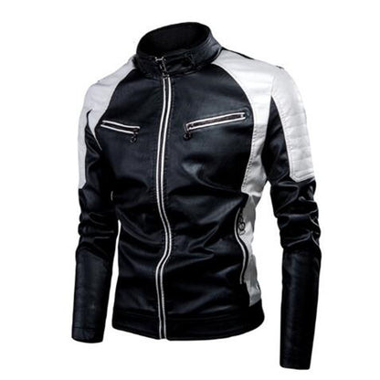 Men's Slim Fit Motorcycle Faux Leather Jacket with Contrast Panels, Quilted Shoulders and Zipper Pockets Shop Velvia