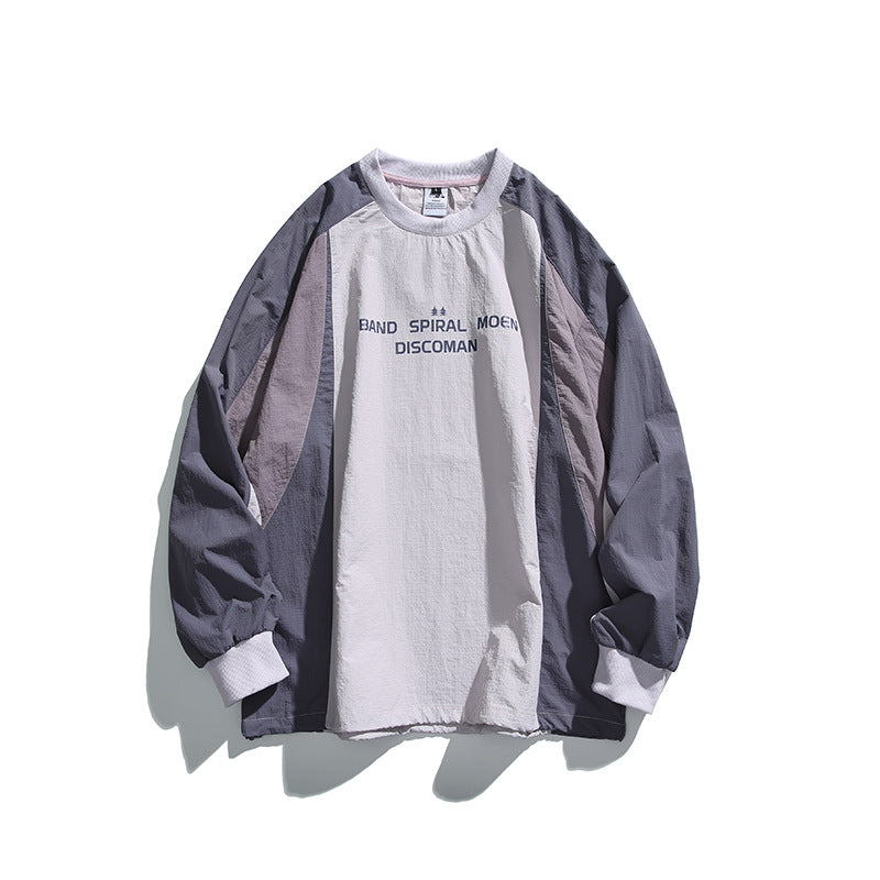 Unisex Loose Fit Colorblock Long Sleeve Shirt made of Lightweight Nylon Blend with Raglan Sleeves and Chest Print Shop Velvia