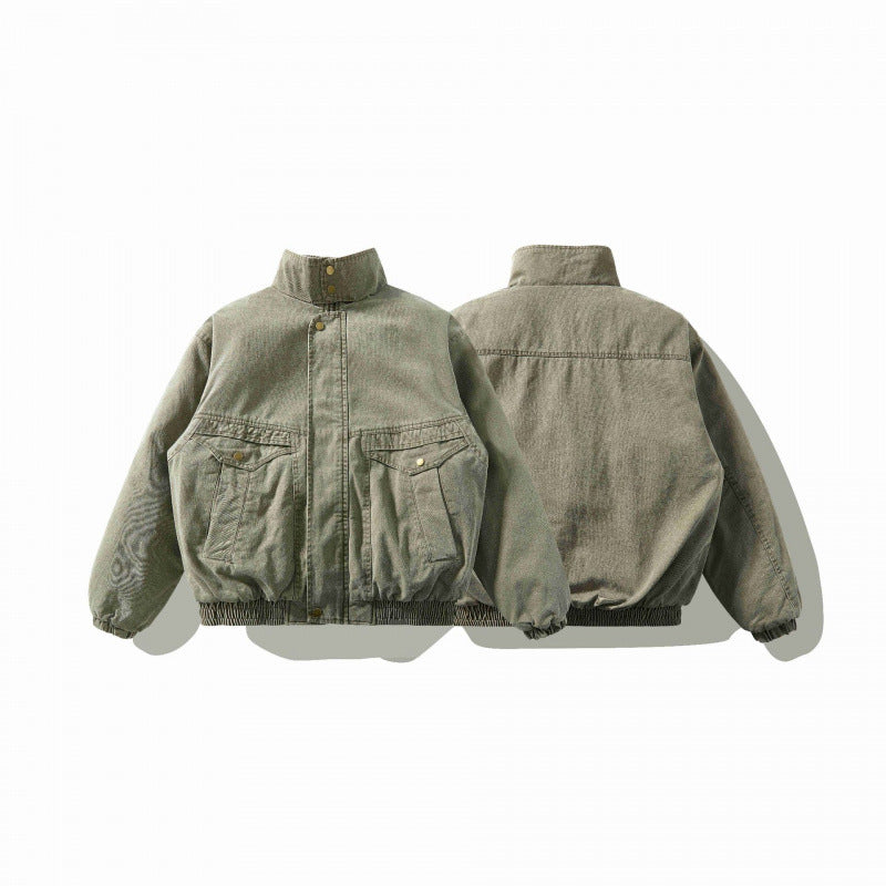 Unisex Loose-Fitting Canvas Utility Jacket with Standing Collar, Flap Pockets and Elastic Hem Shop Velvia