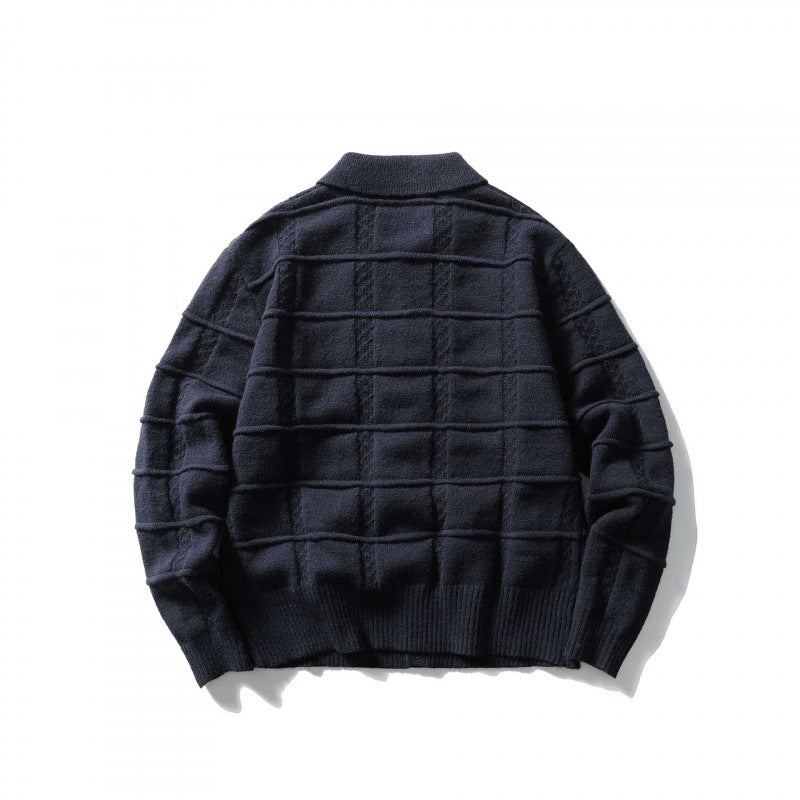 Unisex Boxy Cardigan with Shirt Collar and Structured Check Pattern Shop Velvia