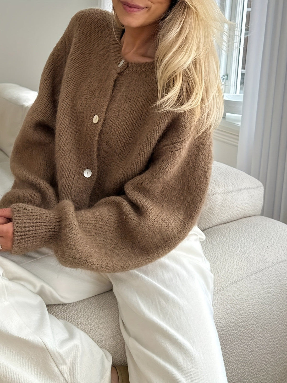 Shop Velvia | Women's Cashmere Cardigan with Round Neck and Button Closure