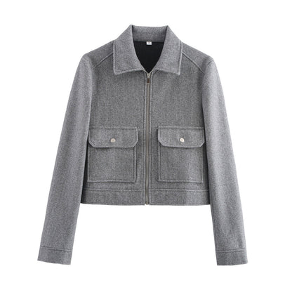 Ladies short jacket in boxy wool blend with zipper and patch flap pockets Shop Velvia
