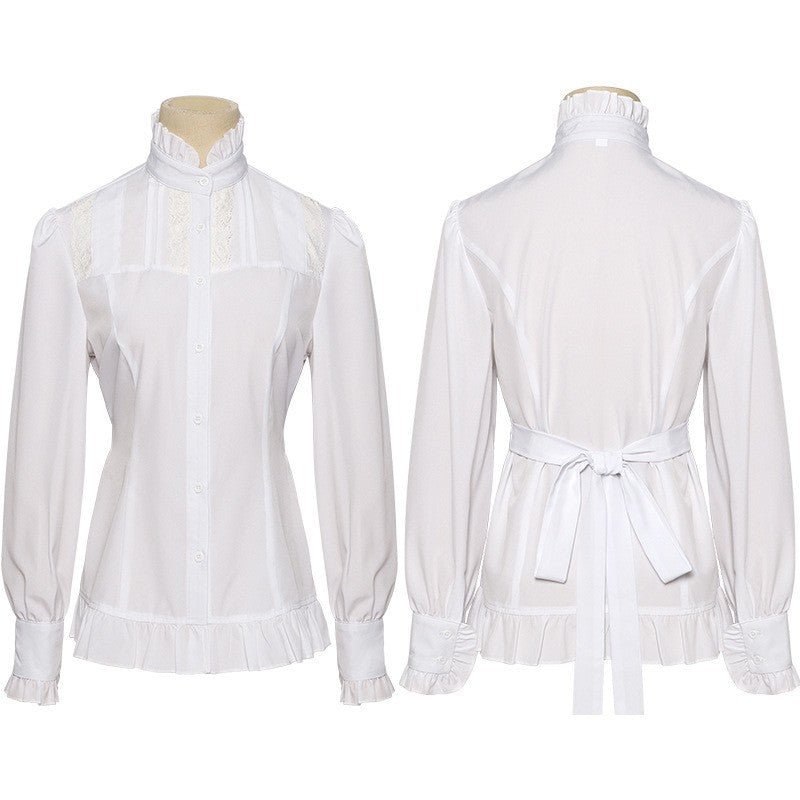 Women's Victorian lace blouse with ruffle jabot, tailored fit, and double-layer bell sleeves Shop Velvia