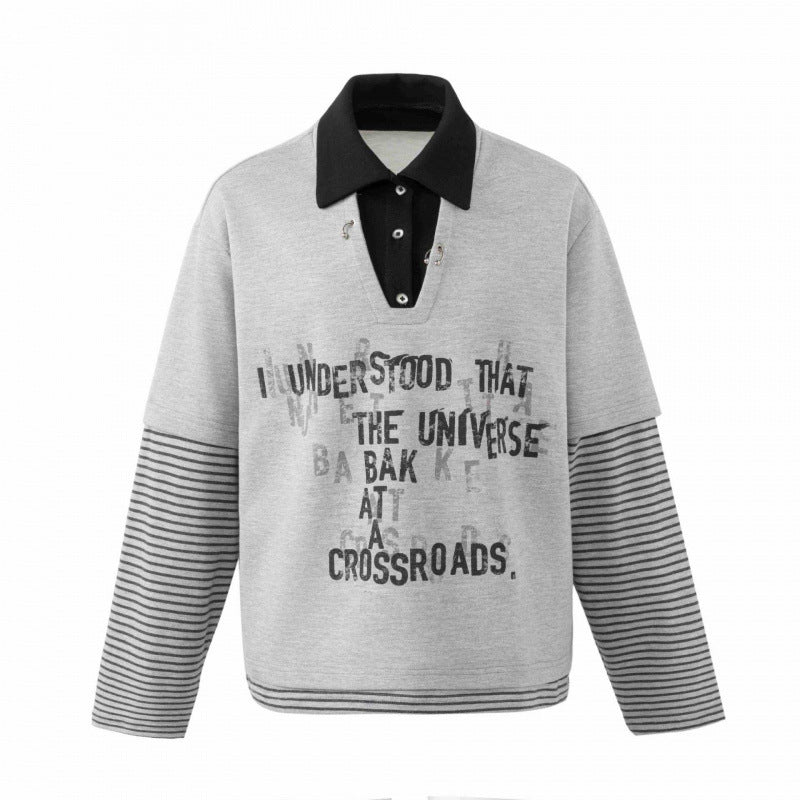Unisex Oversize Sweatshirt with Layering Polo Collar, Striped Sleeves and Statement Print Shop Velvia