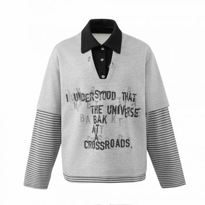Unisex Oversize Sweatshirt with Layering Polo Collar, Striped Sleeves and Statement Print Shop Velvia