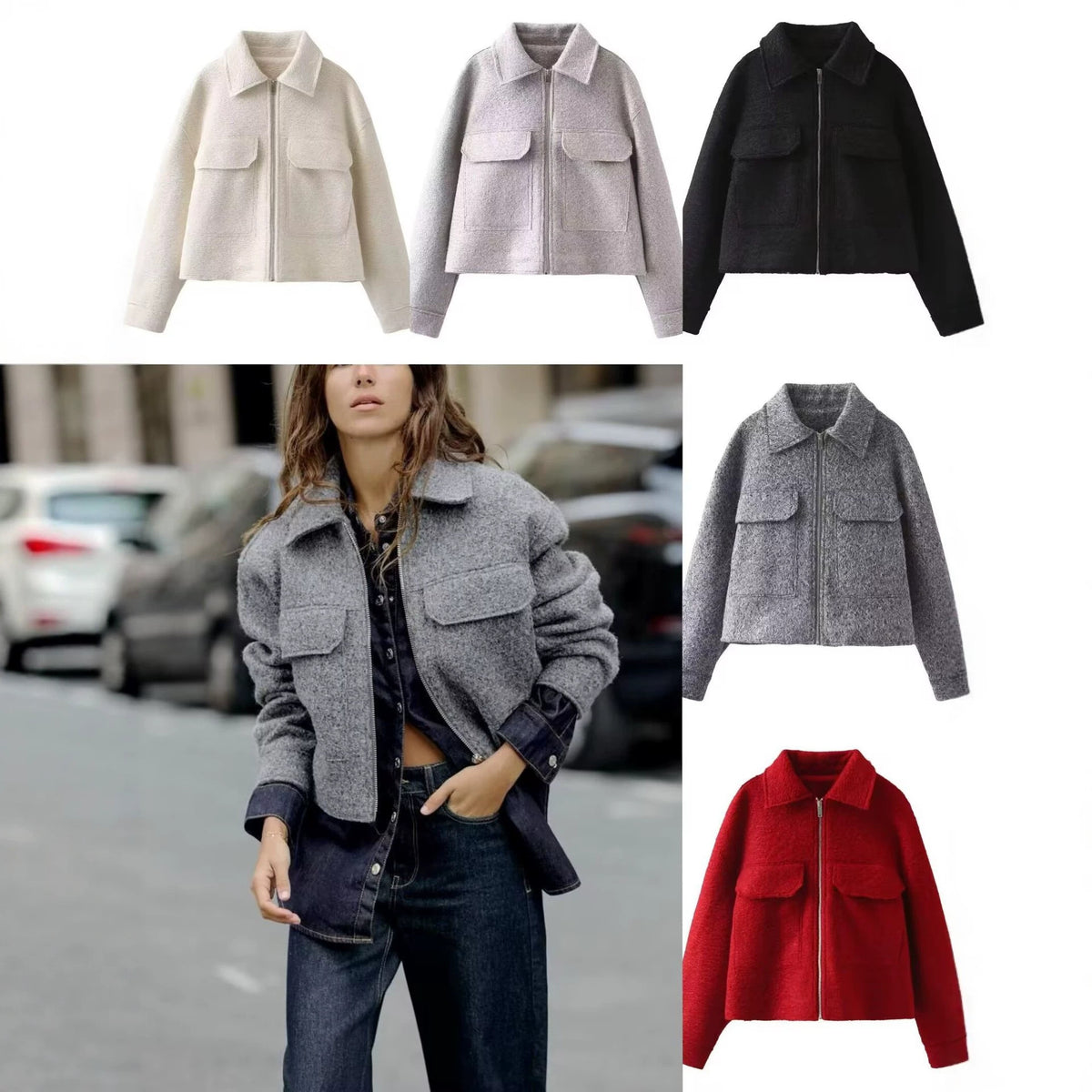 Women Short Boucle Jacket in Boxy Cut with Zip and Flap Pockets Shop Velvia