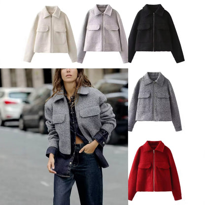 Women Short Boucle Jacket in Boxy Cut with Zip and Flap Pockets Shop Velvia