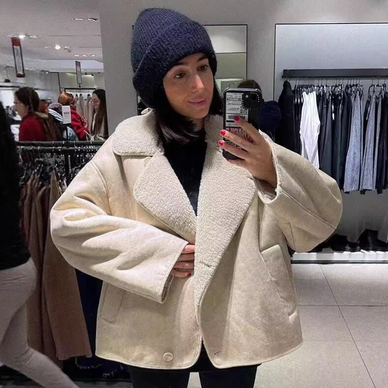 Ladies short jacket in lamb fur look with shawl collar and side patch pockets Shop Velvia