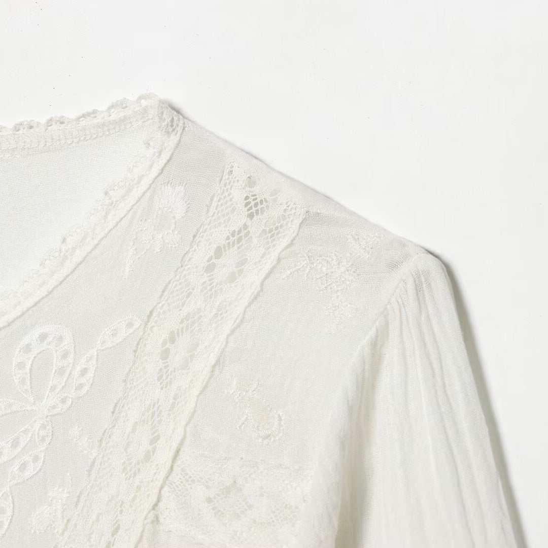 Women’s Light Embroidery Blouse with Lace Collar, Tie Waist and Button Placket Shop Velvia