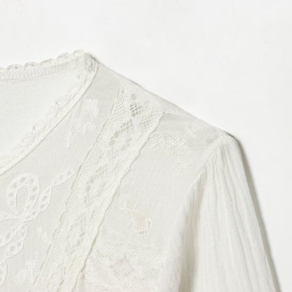 Women’s Light Embroidery Blouse with Lace Collar, Tie Waist and Button Placket Shop Velvia