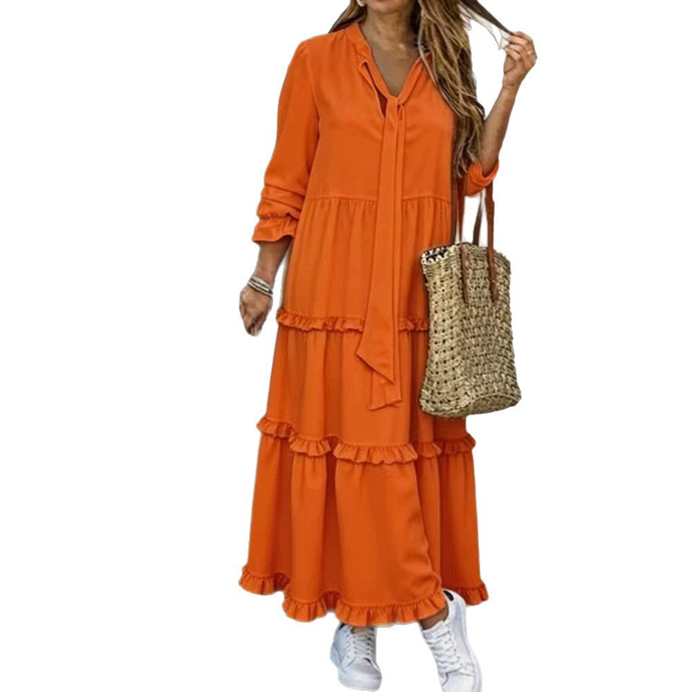 Women's Long Tiered Ruffle Maxi Dress with Tied Scarf and V-Neck Shop Velvia